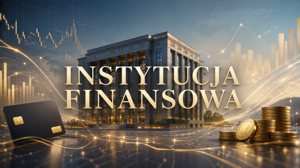 Instytucja finansowa – nowoczesny budynek i symbole usług finansowych