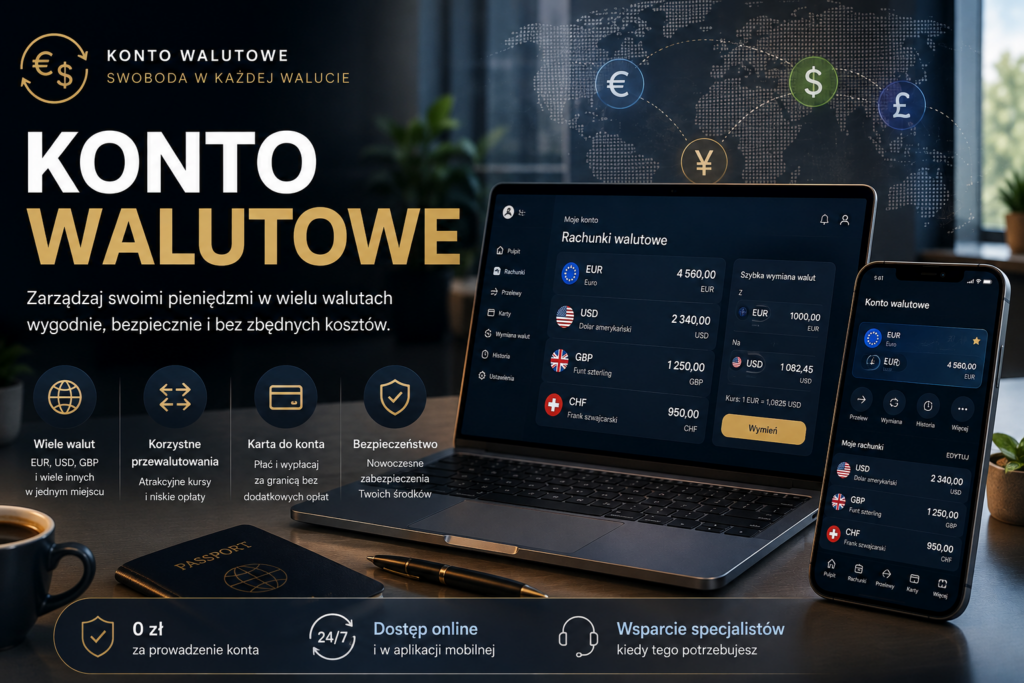 Konto walutowe przedstawione na tle różnych walut i karty płatniczej
