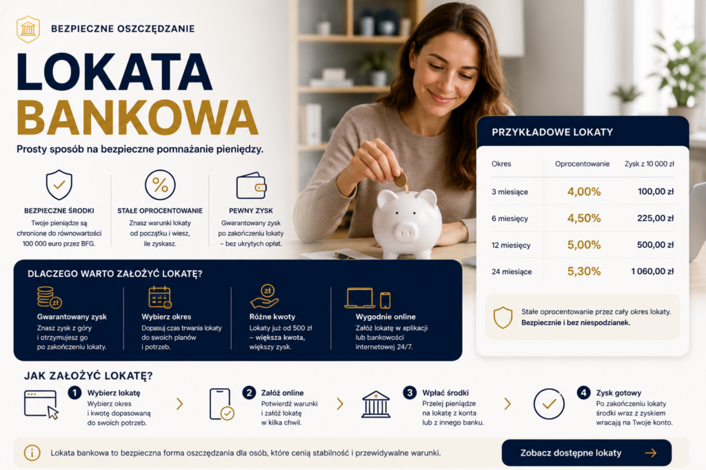 Lokata bankowa – grafika przedstawiająca pieniądze zdeponowane na określony czas